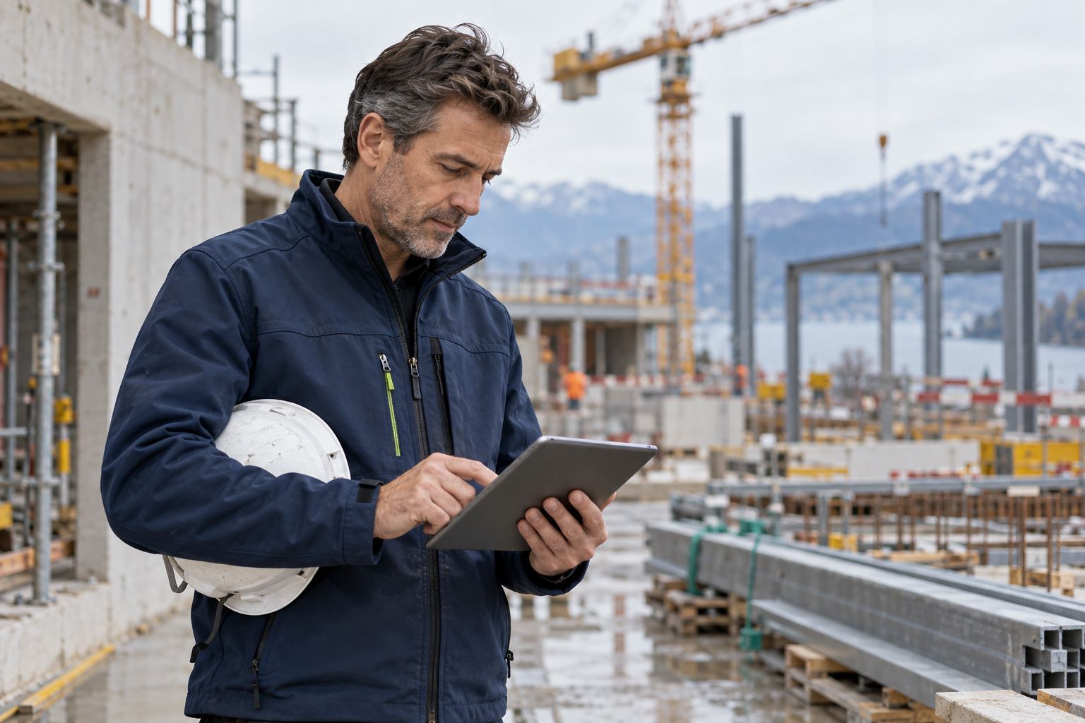 Ingenieur prueft auf einer Baustelle E-Mails auf einem Tablet, Bauhelm unter dem Arm