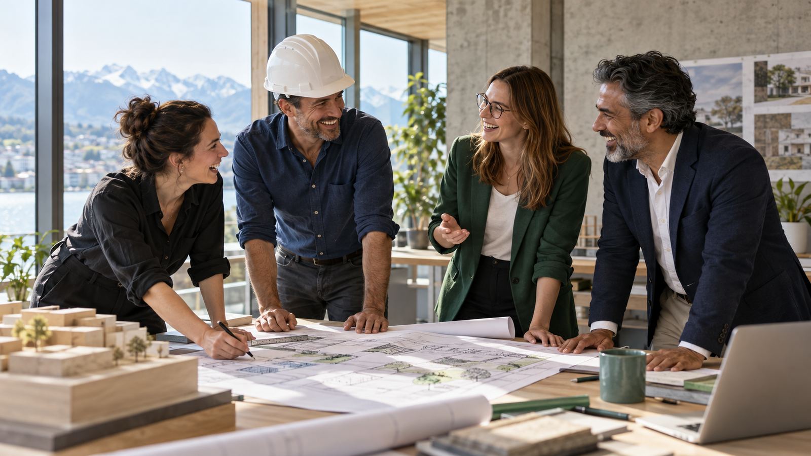 Vier Architekten und Ingenieure stehen locker um einen Tisch voller Bauplaene und lachen gemeinsam