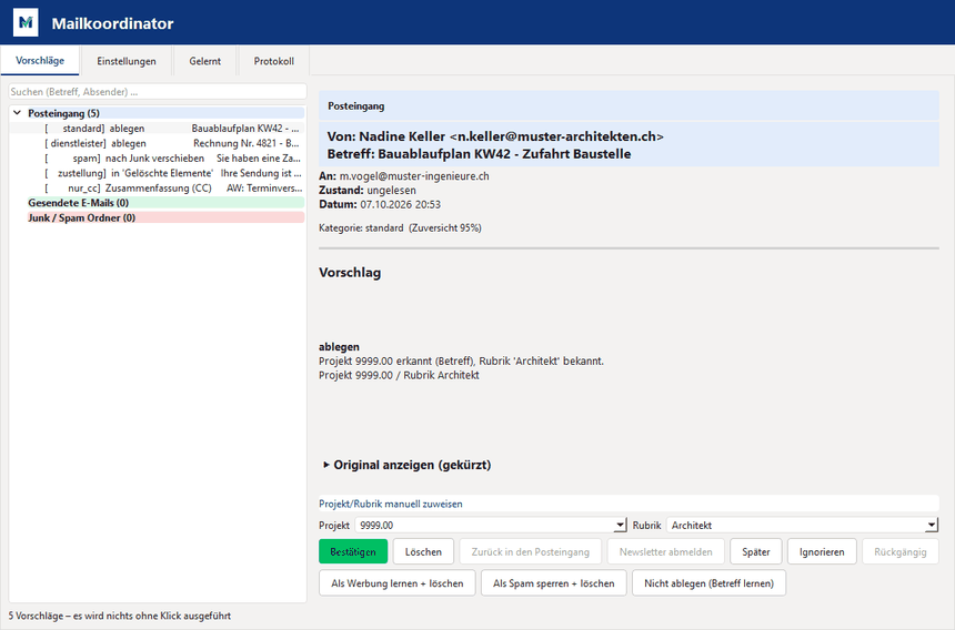 Mailkoordinator legt eine E-Mail automatisch im richtigen Projektordner ab